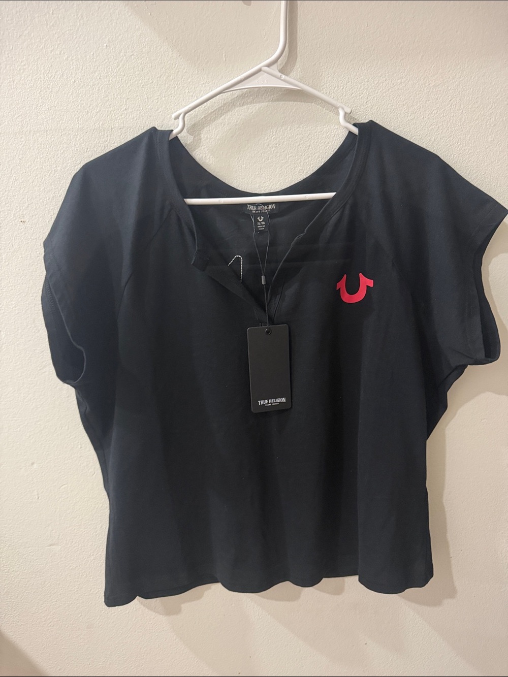 True Religion Black Short Sleeve Tee with Red Logo